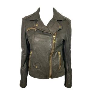 DOMA Gray Leather Moto Jacket with Gold Hardware